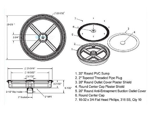 Replacement fits AquaStar FC103,883612076782 Polymer Round Suction Cover FC103, Light Gray, UV Resistant - Full Circle 20" w/One-Port Sump for Pool