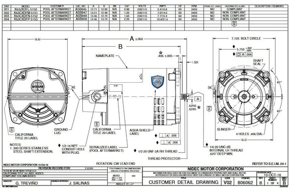 ASB858 US Motors 1 1/2 hp 3450 RPM 56Y 115/230V (ODP) High Efficiency Switchless Pool Pump Motor