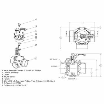 Aquastar FlowStar 3-Way Diverter Valve With Rubber Handle - 2 Inch x 2.5 Inch | AV3W20C - 0