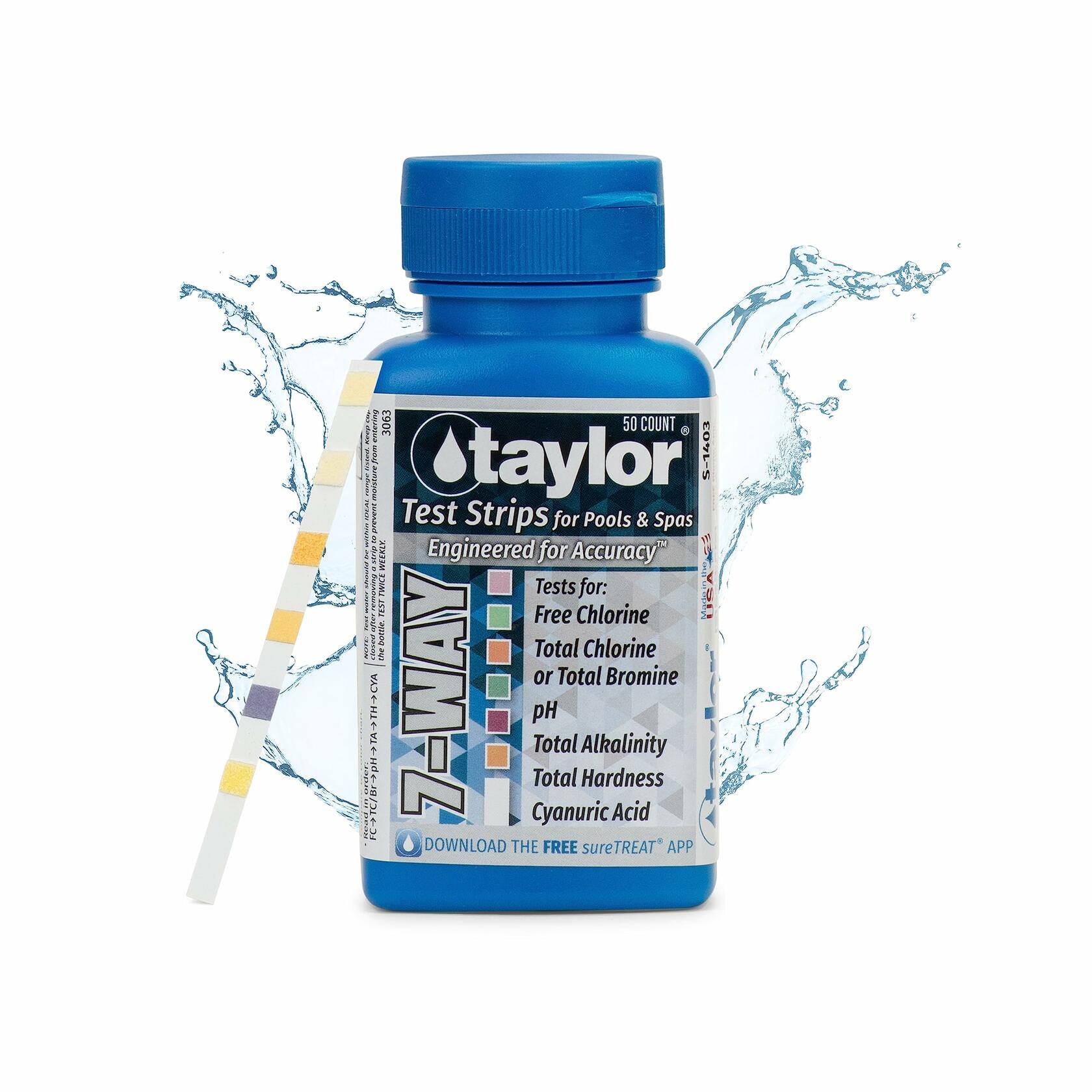 Taylor S-1403, Pool and Spa Test Strips for Free/Total Chlorine, Bromine, pH, Total Alkalinity, Total Hardness & Cyanuric Acid, 50 Test Strips, sureTREAT� App | Made in The USA
