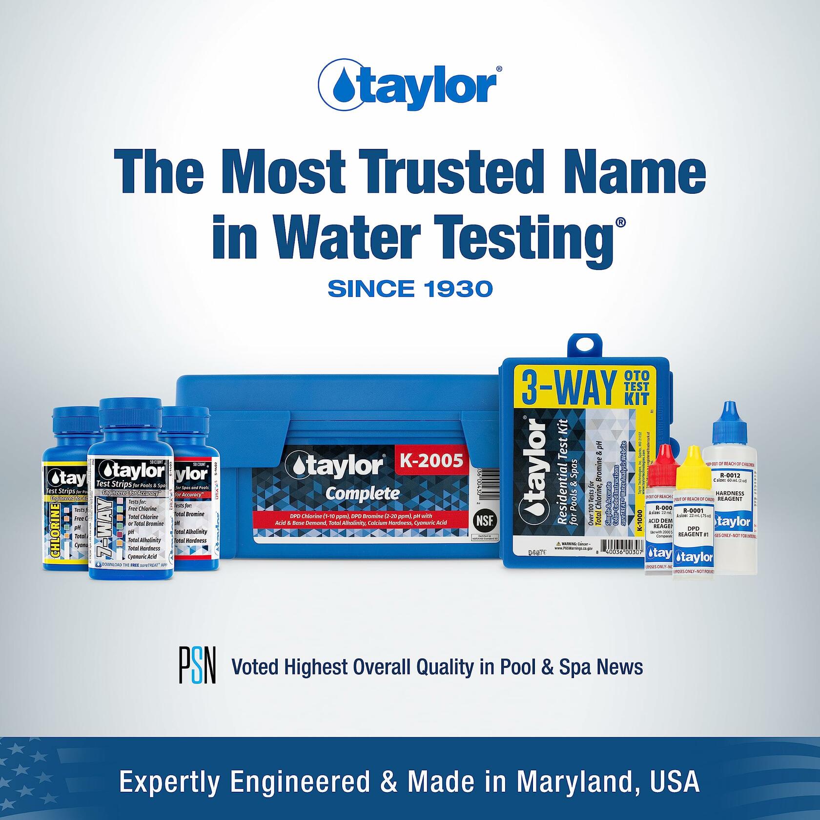 Taylor S-1401, 4-in-1 Pool and Spa Test Strips for Free Chlorine, pH, Total Alkalinity, & Cyanuric Acid, 50 Test Strips, Quick & Easy Water Testing | Made in The USA