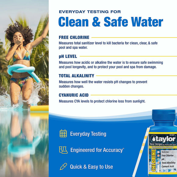 Taylor S-1401, 4-in-1 Pool and Spa Test Strips for Free Chlorine, pH, Total Alkalinity, & Cyanuric Acid, 50 Test Strips, Quick & Easy Water Testing | Made in The USA