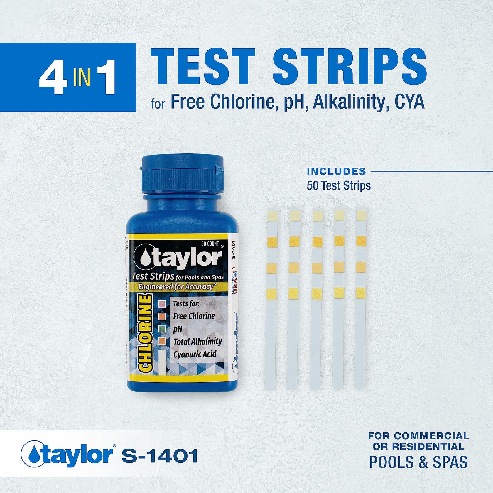 Taylor S-1401, 4-in-1 Pool and Spa Test Strips for Free Chlorine, pH, Total Alkalinity, & Cyanuric Acid, 50 Test Strips, Quick & Easy Water Testing | Made in The USA - 0