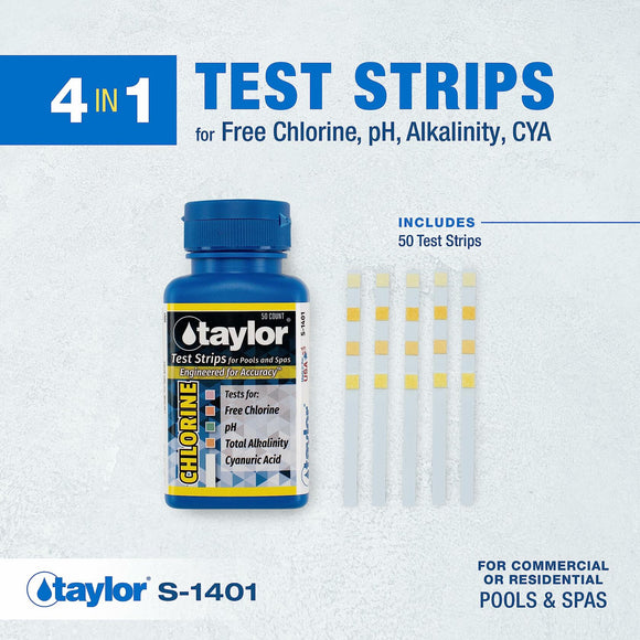 Taylor S-1401, 4-in-1 Pool and Spa Test Strips for Free Chlorine, pH, Total Alkalinity, & Cyanuric Acid, 50 Test Strips, Quick & Easy Water Testing | Made in The USA