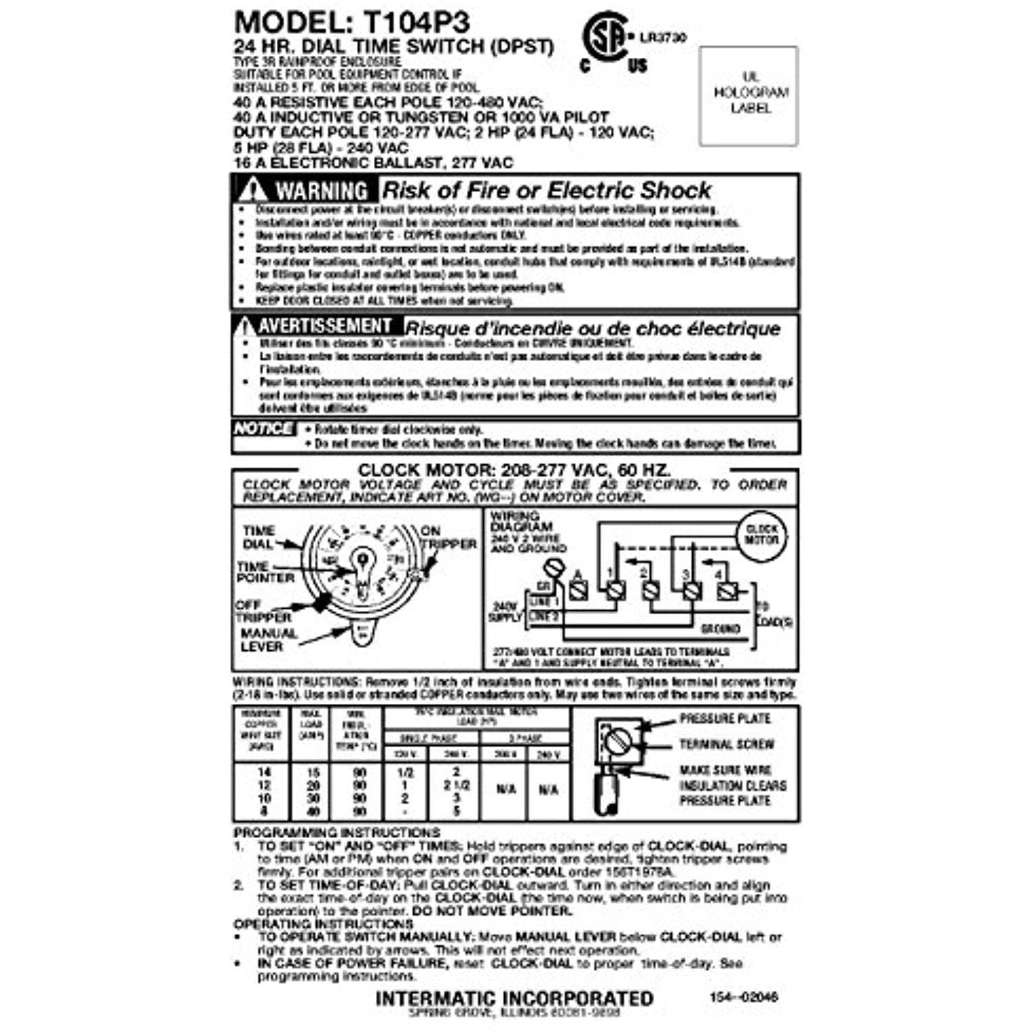 Intermatic T104P3 208-277 Volt DPST 24 Hour Mechanical Time Switch - Getlegitdeals